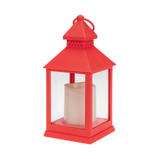 Декоративный фонарь со свечкой, красный корпус, размер 10,5х10,5х24см, цвет ТЕПЛЫЙ БЕЛЫЙ 513-059
