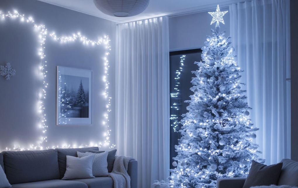 Современный интерьер и экстерьер с холодным белым светом гирлянд
