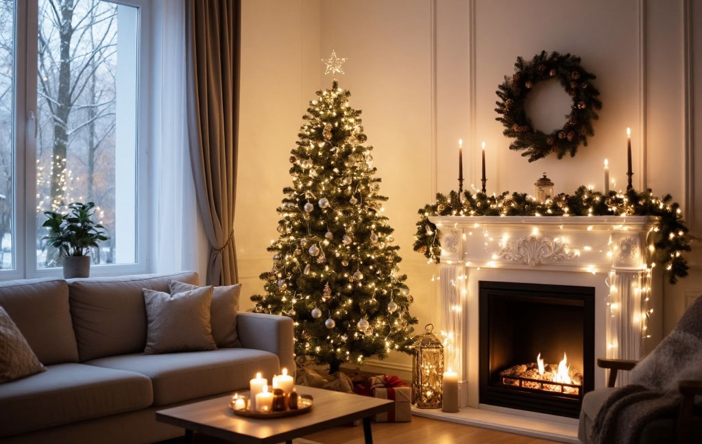 Интерьер с тёплым белым светом гирлянд