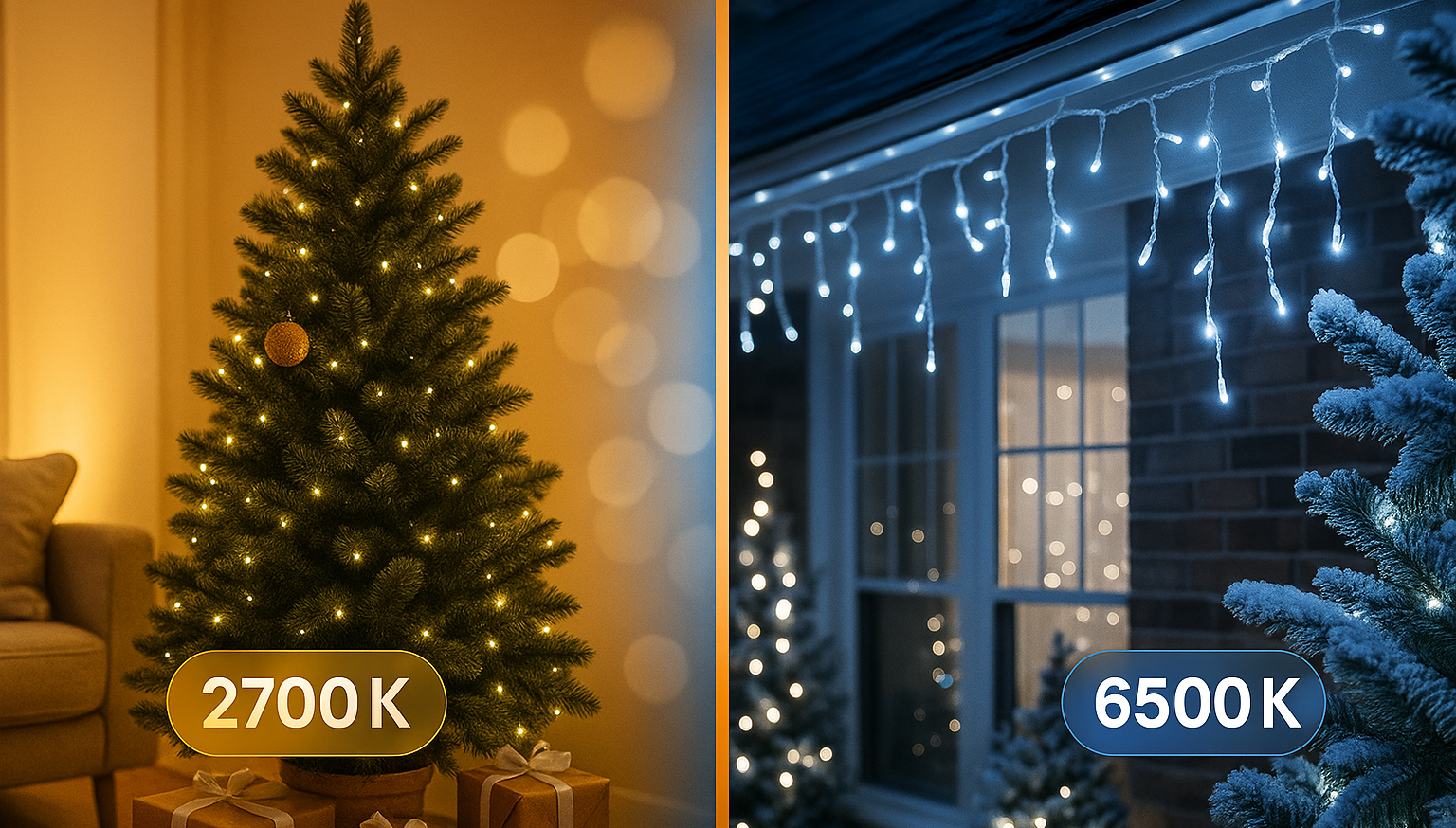 Сравнение тёплого и холодного белого света новогодних гирлянд
