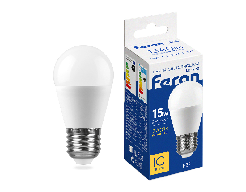 Лампа светодиодная Feron LB-990 Шарик E27 15W 175-265V 2700K