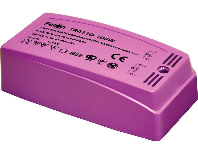 Трансформатор электронный понижающий, 230V/12V 105W пластик розовый, TRA110 21482