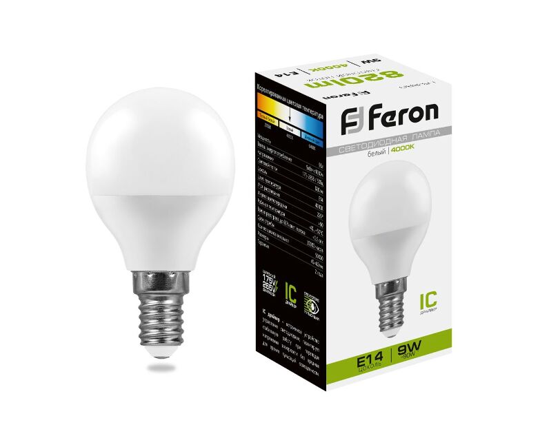 Лампа светодиодная Feron LB-550 Шарик E14 9W 4000K 25802