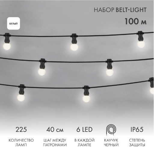 Комплект "Евро Belt Light" Neon-Night 2 жилы шаг 40 см, Белые LED лампы 45мм (6 LED) 331-345