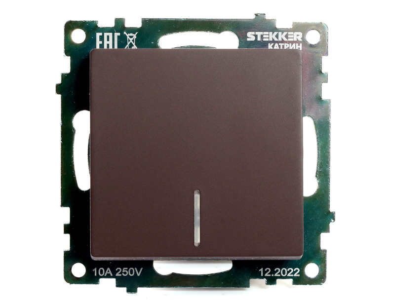 Выключатель 1-клавишный c индикатором (механизм) STEKKER GLS10-7101-04, 250В, 10А, серия Катрин, шоколад 49022