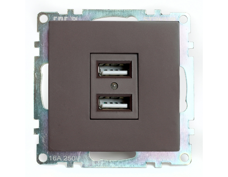 Розетка USB 2-местная (механизм), STEKKER GLS10-7115-04, 250B, 2,1А, серия Катрин, шоколад 49027