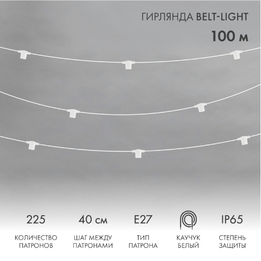 Гирлянда Belt-Light 2 жилы, 100м, шаг 40см, 225 патронов Е27, IP65, под винт, белый круглый провод  NEON-NIGHT 331-232