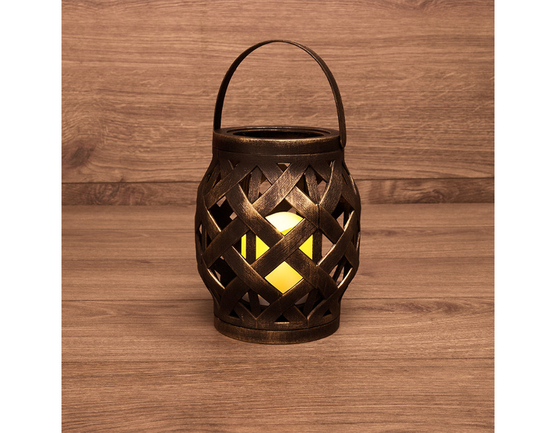 Декоративный фонарь со свечкой, плетеный корпус, бронза, размер 14х14х16,5 см, цвет теплый белый 513-055