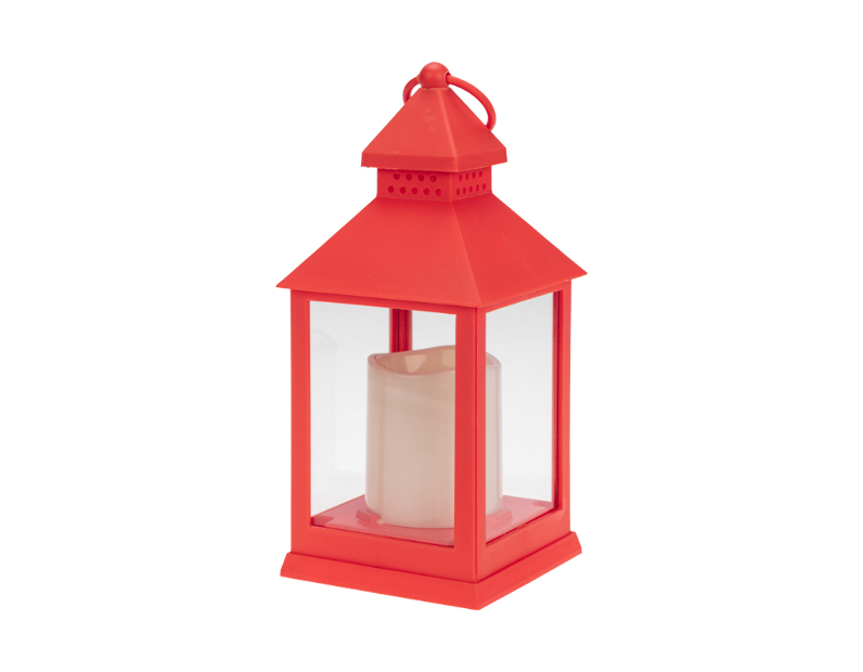 Декоративный фонарь со свечкой, красный корпус, размер 10,5х10,5х24см, цвет ТЕПЛЫЙ БЕЛЫЙ 513-059