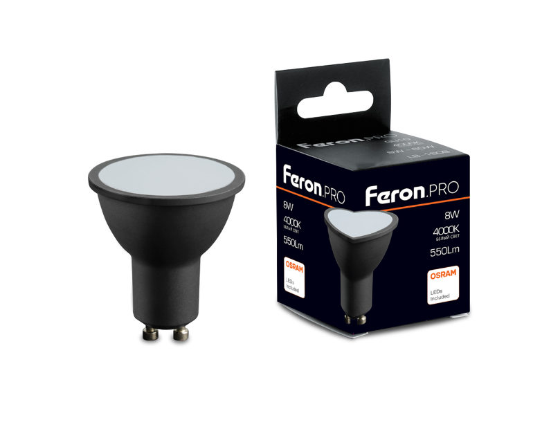 Лампа светодиодная Feron.PRO LB-1608 GU10 8W 175-265V 4000K в черном корпусе 48959