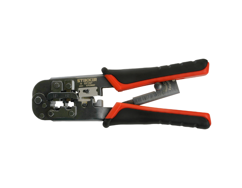 Кримпер STEKKER CTLS007 для обжима RJ разъемов RJ-45 (8P8C), RJ-12 (6P6C) и RJ-11 (6P4C и 6P2C), черный, красный 49613