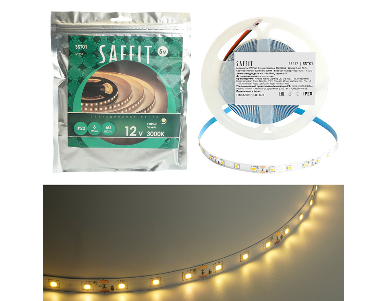 SST01 SAFFIT 60SMD(2835)/m 6Вт/м 12V 5000*8*1.22мм 3000K, IP20 55237