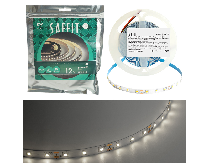 SST01 SAFFIT 60SMD(2835)/m 6Вт/м 12V 5000*8*1.22мм 4000K, IP20 55238