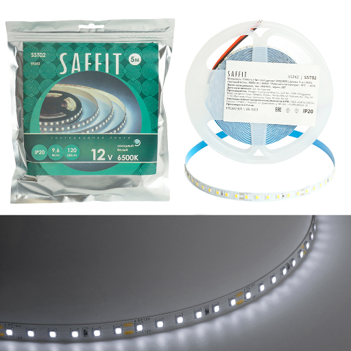 SST02 SAFFIT 120SMD(2835)/м 9.6Вт/м 12V 5000*8*1.22мм 6500К, IP20 55242