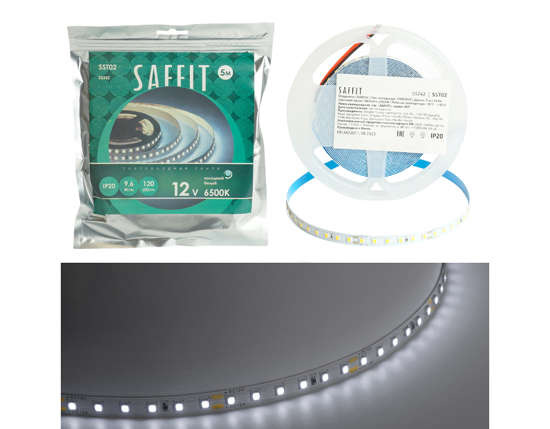 SST02 SAFFIT 120SMD(2835)/м 9.6Вт/м 12V 5000*8*1.22мм 6500К, IP20 55242