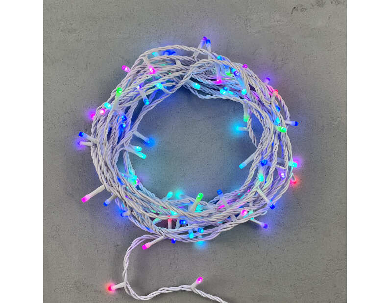 Гирлянда Нить 10м Разноцветная 220В, 100 LED, Провод Белый Каучук, IP65 AUG100-8-1EPRGB