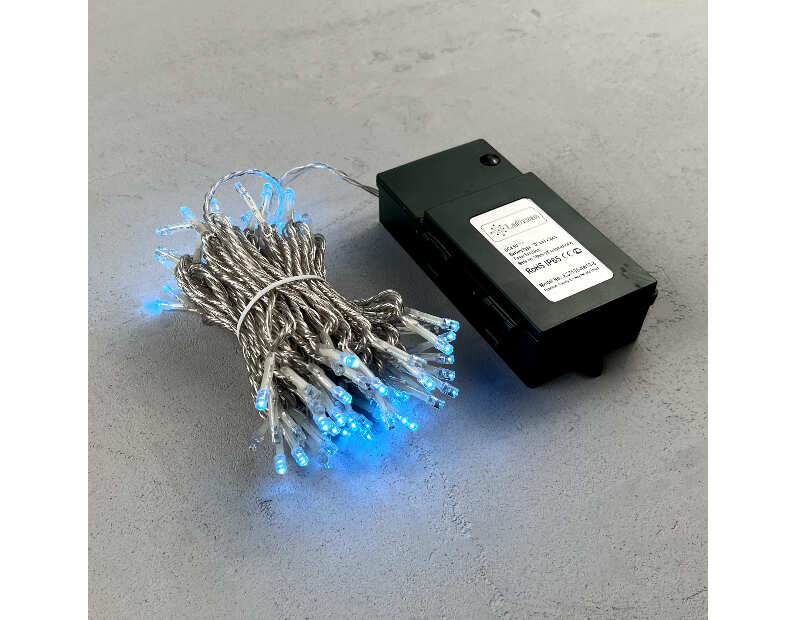 Гирлянда Нить на Батарейках с Таймером 10м Небесно-Голубая, 100 LED, Провод Прозрачный Силикон, IP65 EST100-4W10-8SB