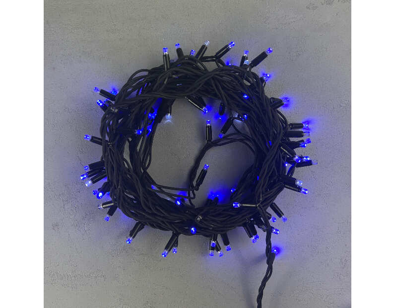 Гирлянда Нить 10м Синяя с Мерцанием Белого Диода 220В, 100 LED, Провод Черный Каучук, IP65 LL100BLW-1-2B