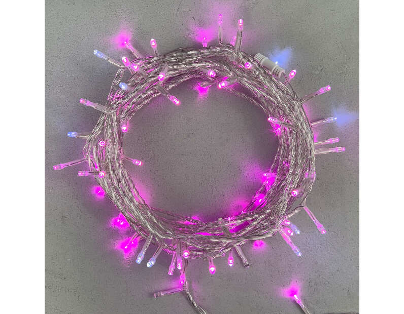 Гирлянда Нить 10м Розовая с Мерцанием Белого Диода 24В, 100 LED, Провод Прозрачный ПВХ, IP54 PST100BLW-10-1P