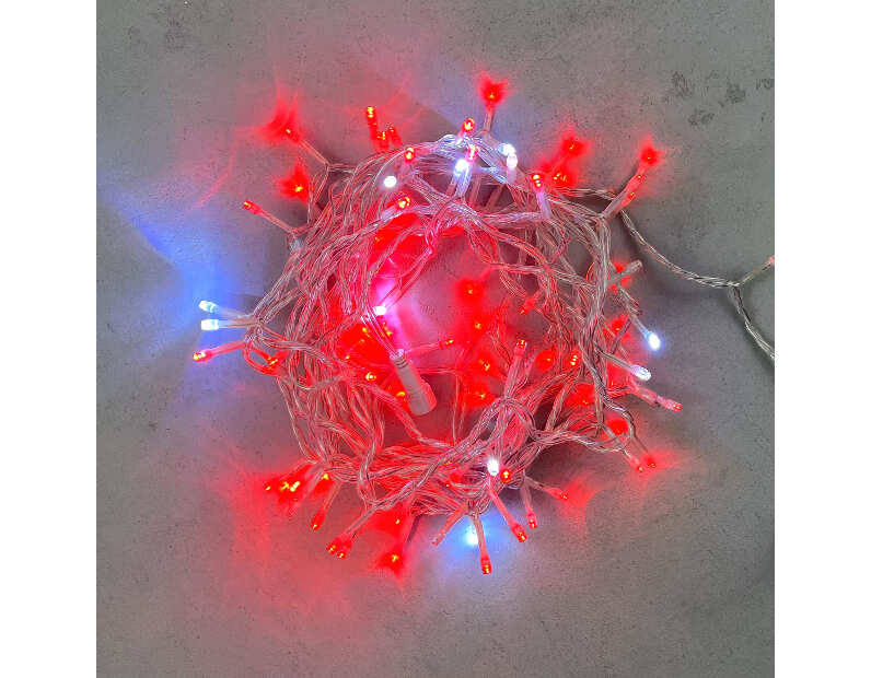 Гирлянда Нить 10м Красная с Мерцанием Белого Диода 220В, 100 LED, Провод Прозрачный ПВХ, IP54 PST100BLW-10-2R