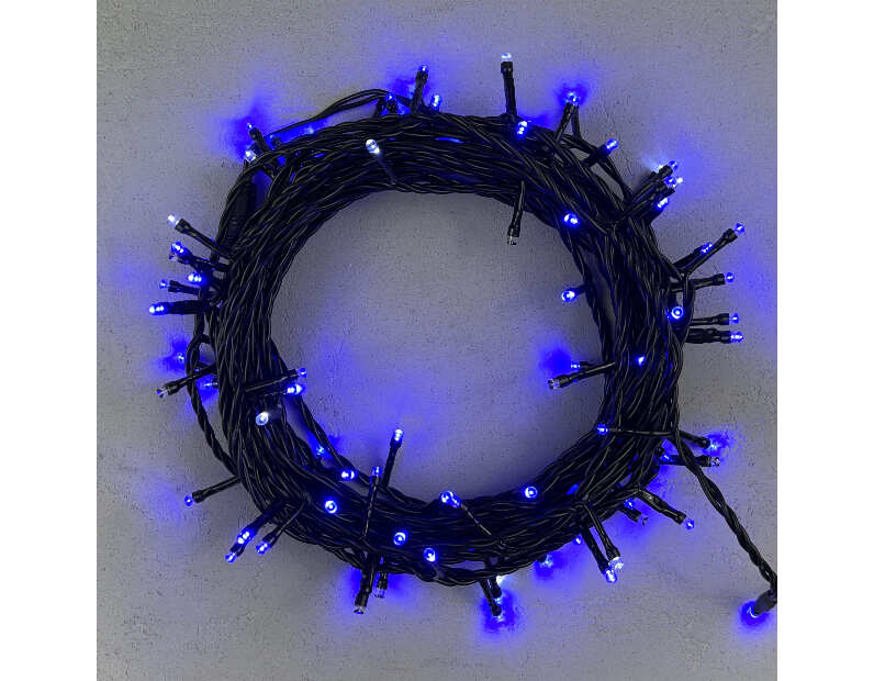 Гирлянда Нить 10м Синяя с Мерцанием Белого Диода 24В, 100 LED, Провод Черный ПВХ, IP54 PST100BLW-11-1B