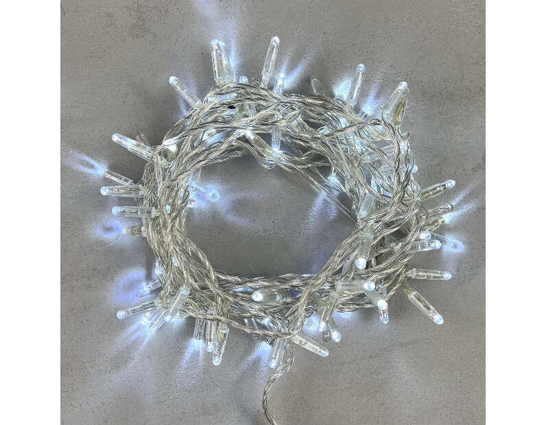 Гирлянда Нить с Колпачком 10м Белая с Мерцанием Белого Диода 220В, 100 LED, Провод Прозрачный ПВХ, IP65 PST100BLWCAP-10-2W
