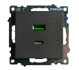 Розетка 2-местная USB + type C (механизм), 250В, 3А, max 20W, серия Катрин, графит, GLS10-7116-06