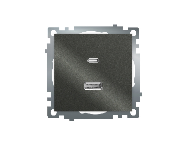 Розетка 2-местная USB + type C (механизм), 250В, 3А, max 20W, серия Катрин, графит, GLS10-7116-06