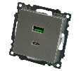 Розетка 2-местная USB + type C (механизм)), STEKKER GLS10-7116-03 , 250B, 3А, max 20W, серия Катрин, серебро