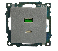 Розетка 2-местная USB + type C (механизм)), STEKKER GLS10-7116-03 , 250B, 3А, max 20W, серия Катрин, серебро