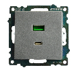 Розетка 2-местная USB + type C (механизм)), STEKKER GLS10-7116-03 , 250B, 3А, max 20W, серия Катрин, серебро