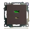 Розетка 2-местная USB + type C, STEKKER GLS10-7116-04, 250В, 3А, max 20W,серия Катрин, шоколад