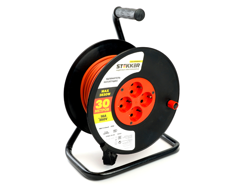 Удлинитель на катушке Stekker STD03-20-30 Standart 4-местный с/з ПВС 3*1,5, оранжевый, 16А, IP20,30м (29405)
