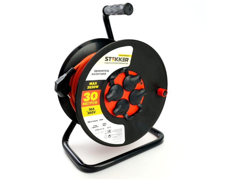 Удлинитель на катушке Stekker STD03-44-30 Standart 4-местный с/з ПВС 3*1,5, оранжевый, 16А, IP44, 30м (29407)