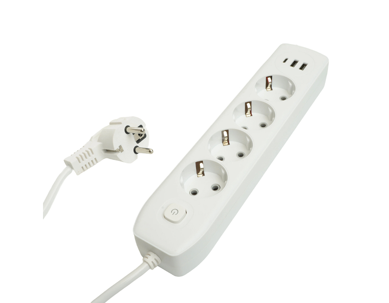 Удлинитель 4-местный c/з 3x1 мм2, 1,8 м, 250В, 10А, 2USB+1Type-C 2,4А, серия Home plus, белый STEKKER HM08-43-02