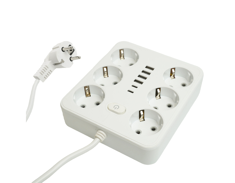 Удлинитель 6-местный c/з 3x1 мм2, 1,8 м, 250В, 10А, 4USB+2Type-C 2,4А, серия Home plus, белый STEKKER HM09-66-02