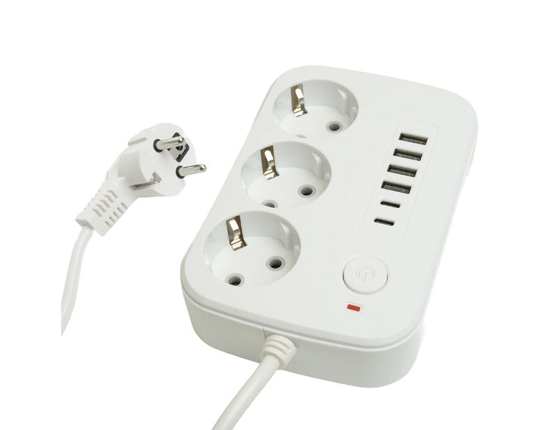 Удлинитель 3-местный c/з 3x1 мм2, 1,8 м, 250В, 10А, 4USB+2Type-C 2,4А, серия Home plus, белый STEKKER HM09-36-02