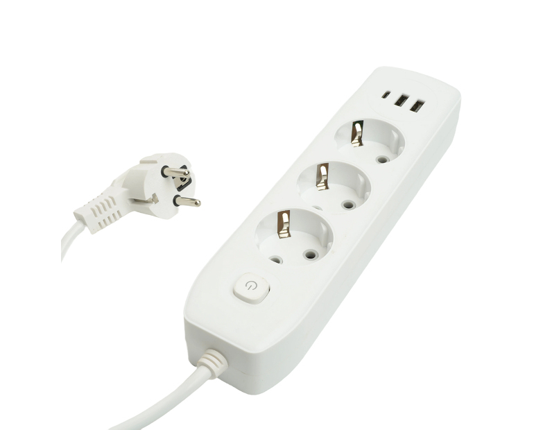 Удлинитель 3-местный c/з 3x1 мм2, 3 м, 250В, 10А, 2USB+1Type-C 2,4А, серия Home plus, белый STEKKER HM08-33-02
