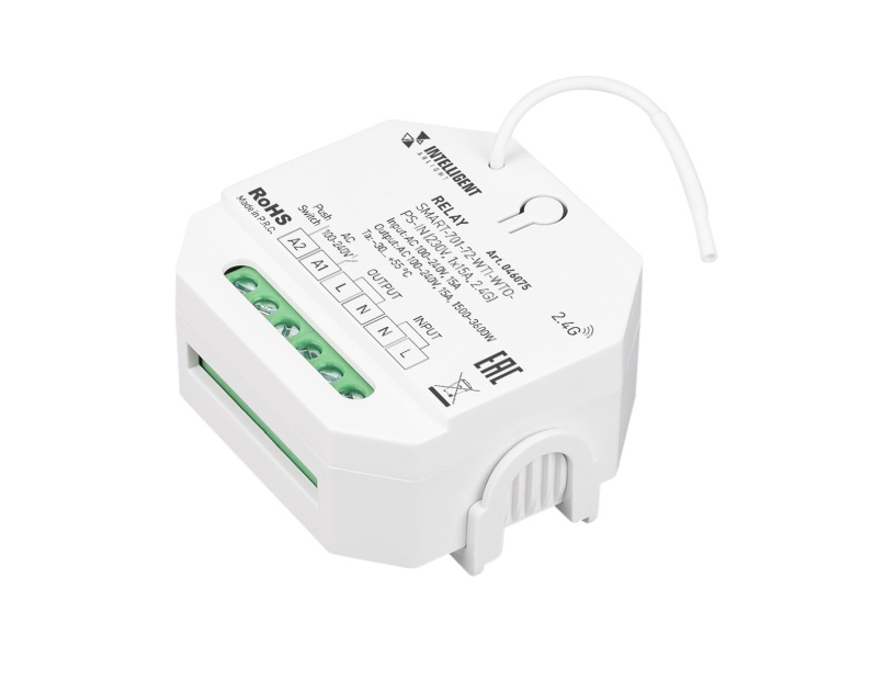 INTELLIGENT ARLIGHT Релейный модуль SMART-701-72-WTI-WTO-PS-IN  (230V, 1x15A, 2.4G) (IARL, IP20 Пластик, 5 лет)