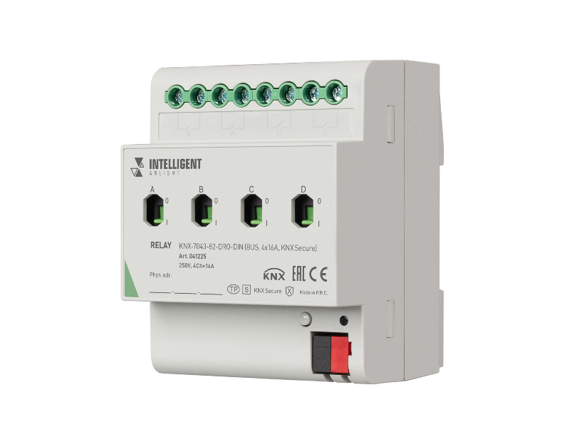 INTELLIGENT ARLIGHT Релейный модуль KNX-7043-82-DRO-DIN (BUS, 4x16А, KNX Secure) (IARL, IP20 Пластик, 2 года)