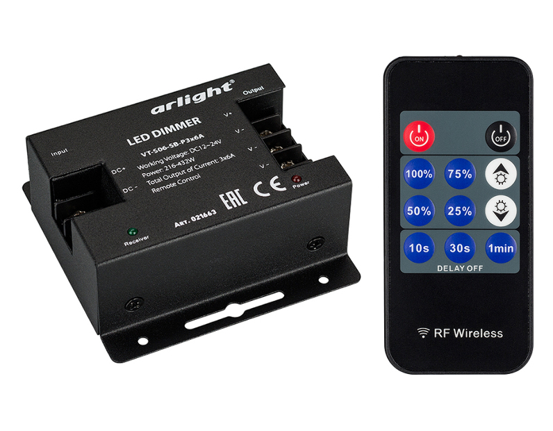 Диммер VT-S06-SB-P3x6A (12-24V, ПДУ 11 кн, RF) (Arlight, Металл)
