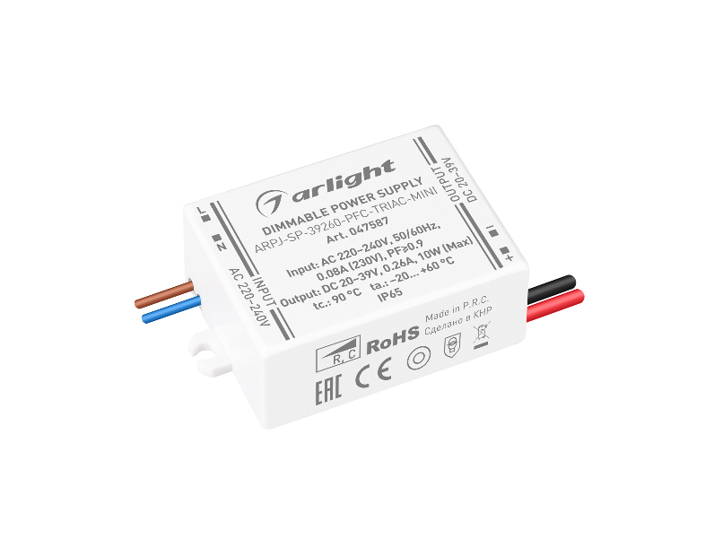 Блок питания ARPJ-SP-39260-PFC-TRIAC-MINI (10W, 20-39V, 260mA) (Arlight, IP65 Пластик, 5 лет)