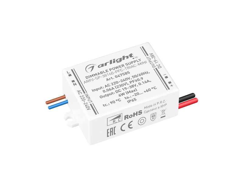 Блок питания ARPJ-SP-38160-PFC-TRIAC-MINI (6W, 19-38V, 160mA) (Arlight, IP65 Пластик, 5 лет)