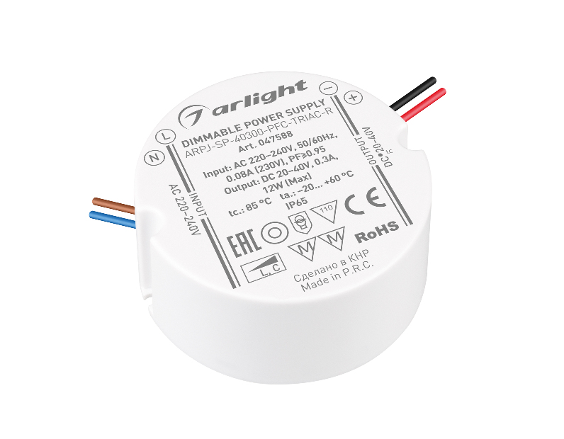 Блок питания ARPJ-SP-40300-PFC-TRIAC-R (12W, 20-40V, 300mA) (Arlight, IP65 Пластик, 5 лет)