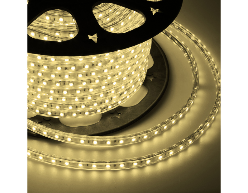 Лента светодиодная 220В, SMD2835, 4,8Вт/м, 60 LED/м, Теплый белый, 10х7мм, с кабелем питания,IP67 NEON-NIGHT