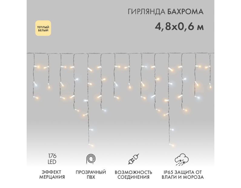 Гирлянда светодиодная Бахрома (Айсикл) 4,8х0,6м 176 LED ТЕПЛЫЙ БЕЛЫЙ прозрачный ПВХ IP65 эффект мерцания 230 нужен блок 303-500-1 NEON-NIGHT