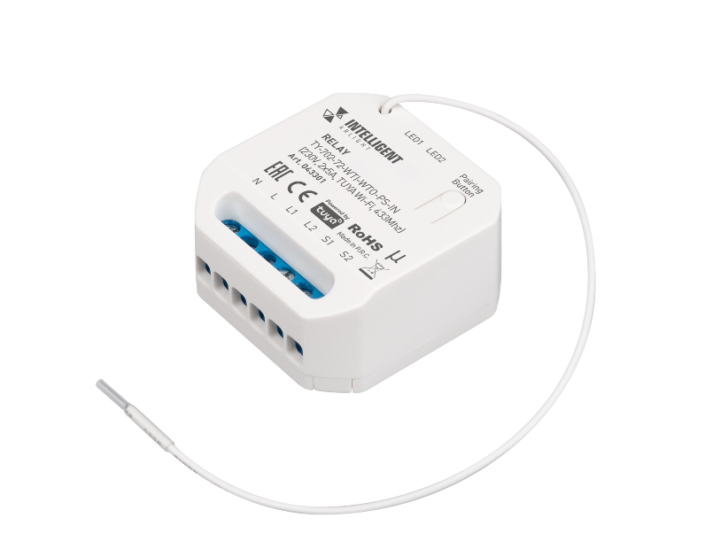 INTELLIGENT ARLIGHT Релейный модуль TY-702-72-WTI-WTO-PS-IN (230V, 2x5A, TUYA Wi-Fi, 433Mhz) (IARL, IP20 Пластик, 3 года)