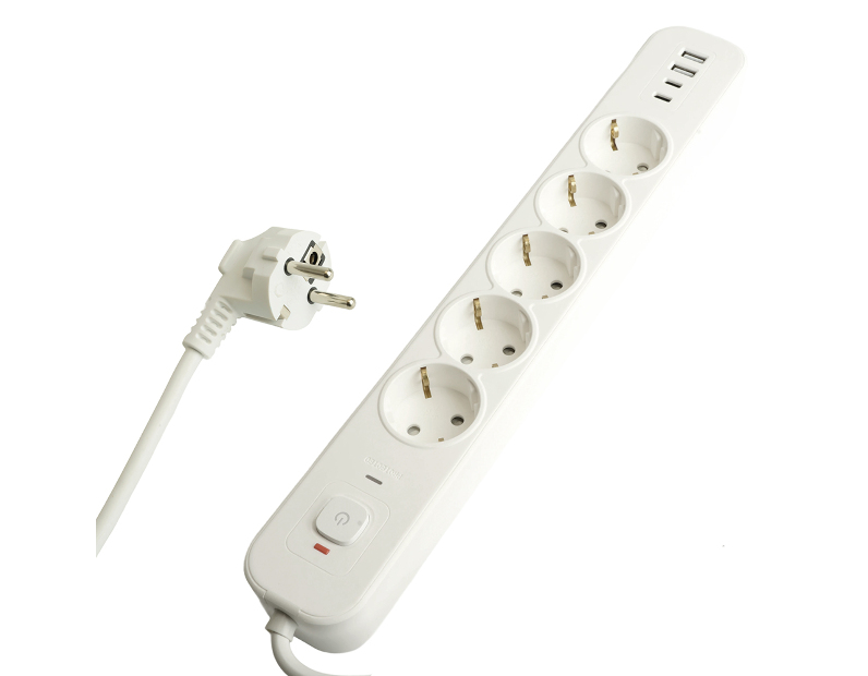 Сетевой фильтр 5-местный с/з STEKKER3x1мм2, 1,8 м, 250В, 16А, 2 USB-A+2 Type-C, серия Nova, белый