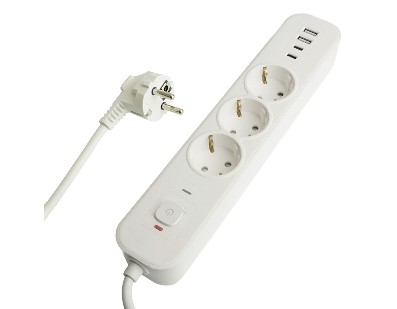 Сетевой фильтр 3-местный с/з STEKKER 3x1мм2, 5 м, 250В, 16А, 2 USB-A+2 Type-C 3, серия Nova, белый