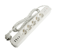 Сетевой фильтр 5-местный с/з STEKKER 3x1мм2, 3 м, 250В, 16А, 2 USB-A+2 Type-C 3, серия Nova, белый